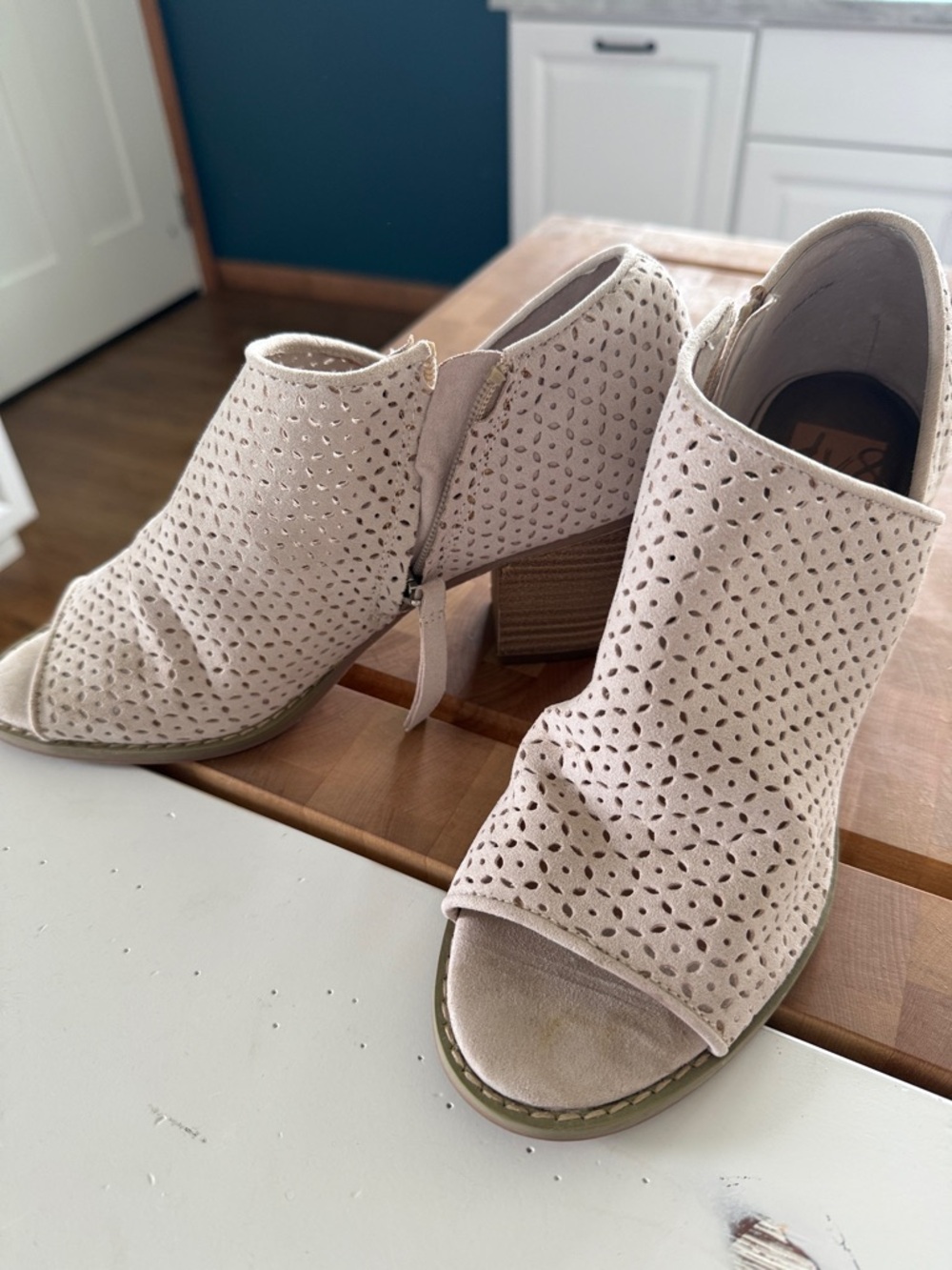 Dolce Vita Beige Perforated Peep-Toe Block Heel Mules